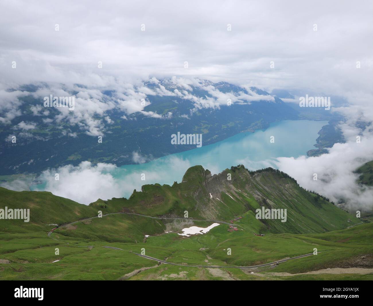 Lake Brienz on a rainy summer day. View from Mount Brienzer Rothorn ...
