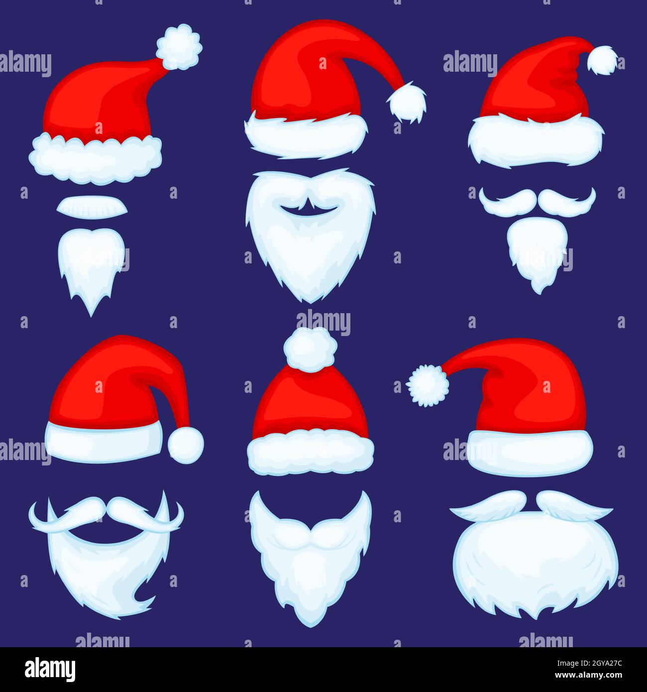 Cartoon christmas santa claus hats with beards or mustaches. Red santas cap, beard xmas photo booth mask, new year costume accessory vector set. Different festive decor for party celebration Stock Vector