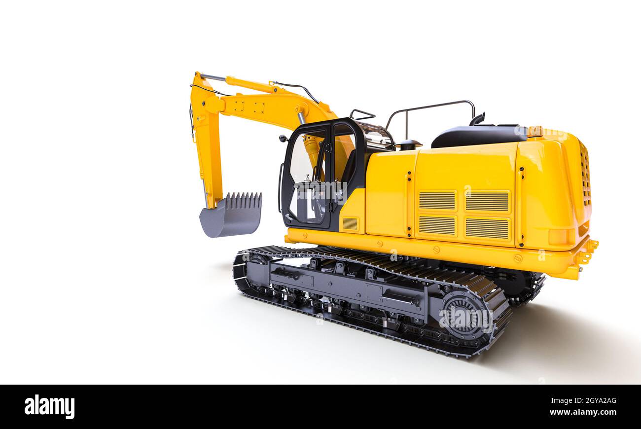 yellow excavator on the white background. 3d render Stock Photo