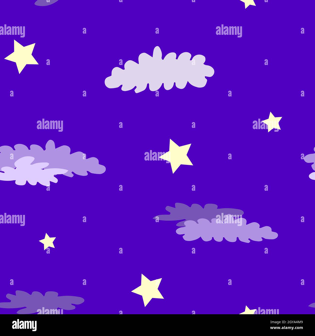 Seamless pattern with yellow stars and violet clouds. Stock Vector