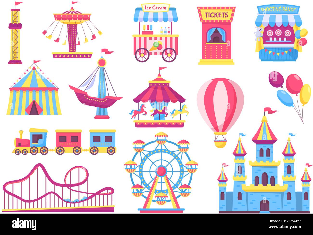 Amusement park attractions, fairground rides, carnival elements. Cartoon  circus tent, carousel, rollercoaster, funfair games vector set. Shooting  range, castle and ice cream for excitement Stock Vector Image & Art - Alamy