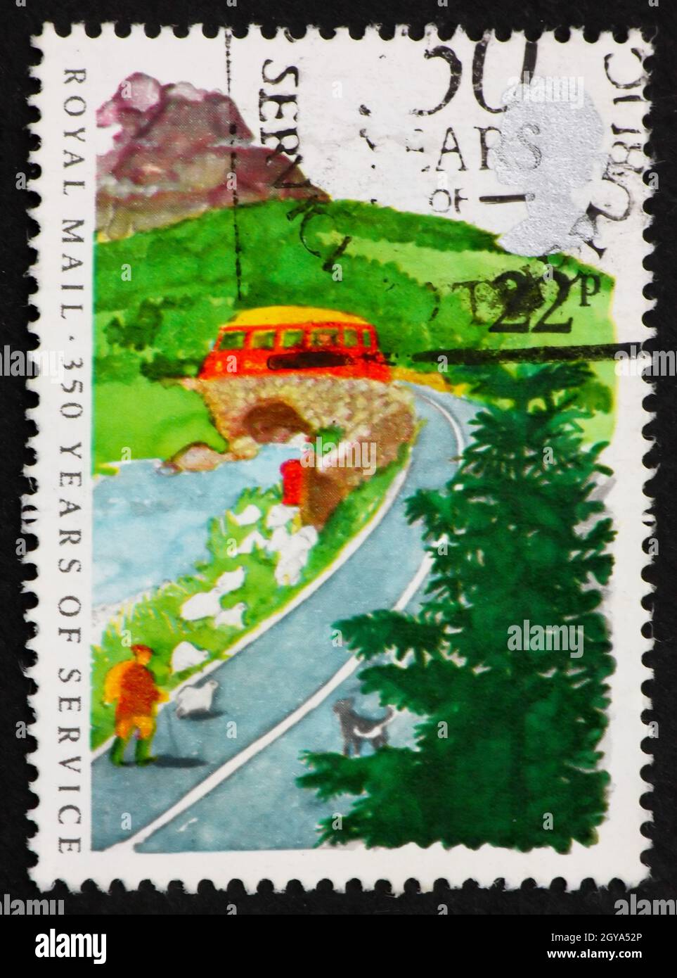 GREAT BRITAIN - CIRCA 1985: a stamp printed in Great Britain shows Postbus on Country Road, Royal Mail Service, 350th Anniversary, circa 1985 Stock Photo