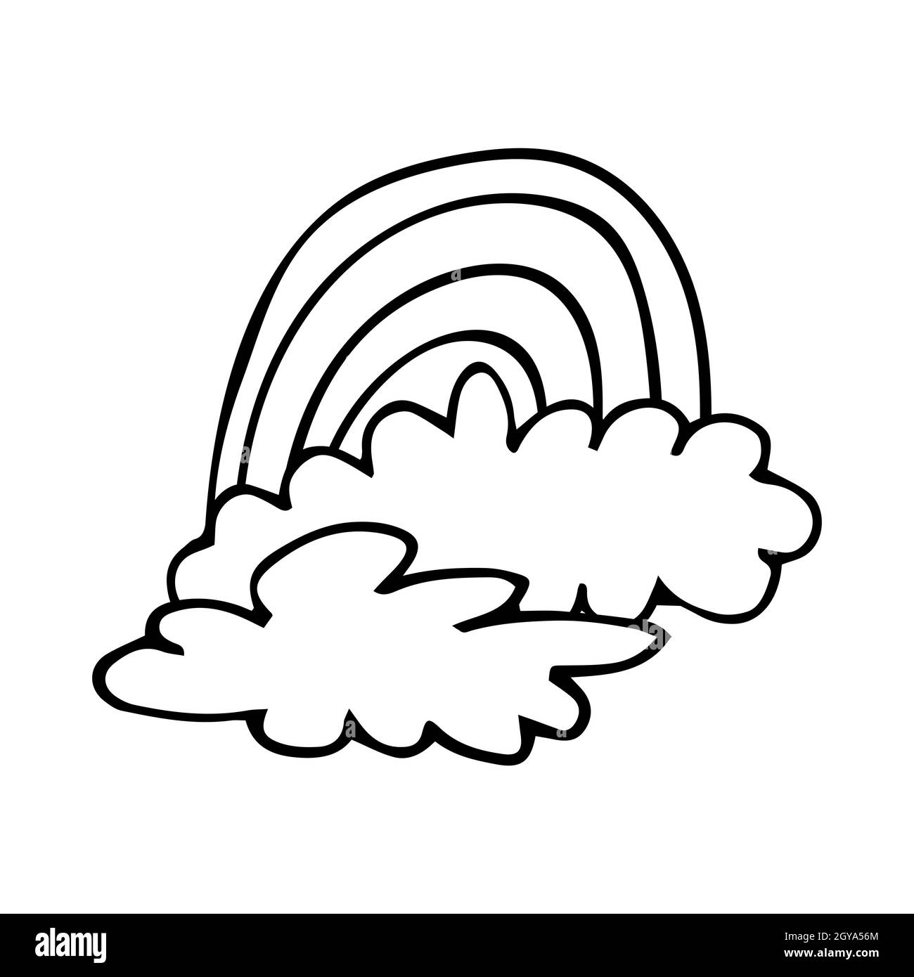 Graphic outline printing sign with rainbow and clouds Stock Vector