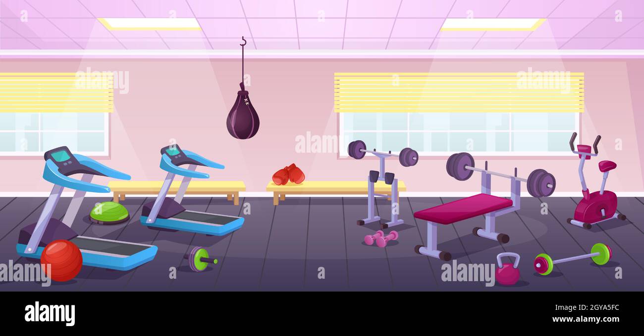Cartoon gym interior with fitness equipment, city training club. Empty