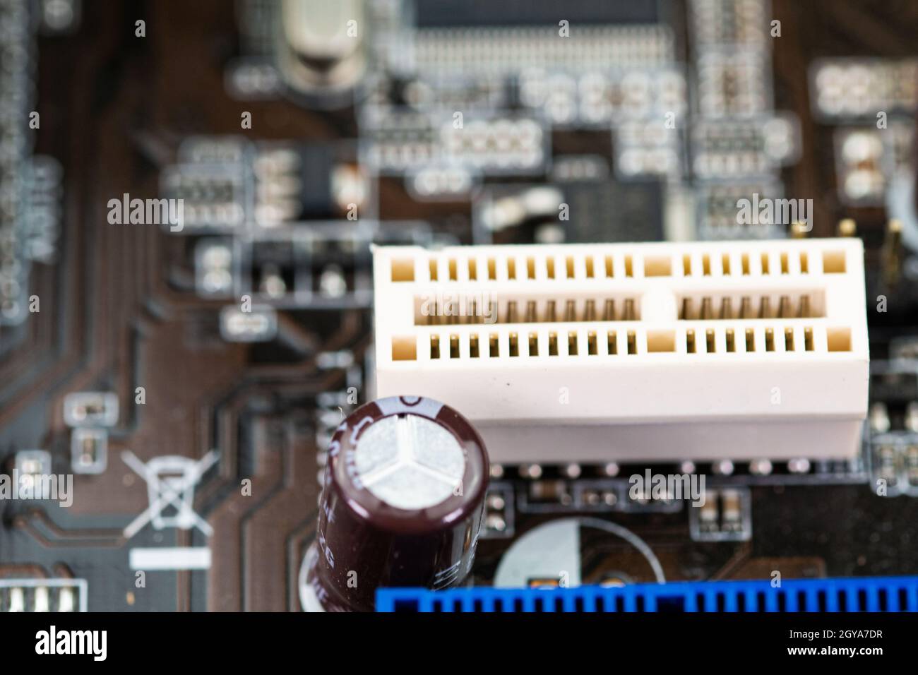 connectors of a disassembled computer motherboard for repair Stock