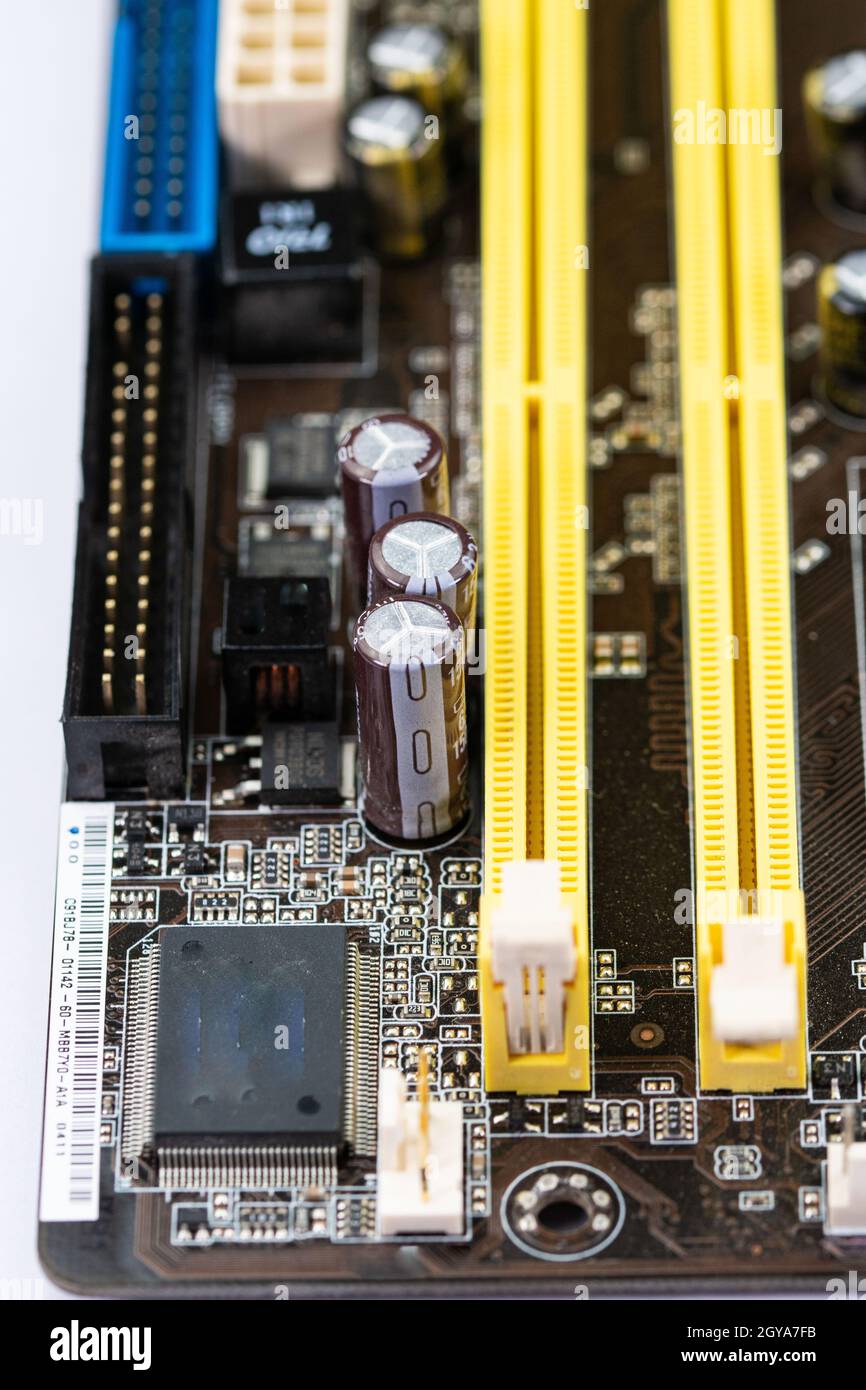 connectors of a disassembled computer motherboard for repair Stock
