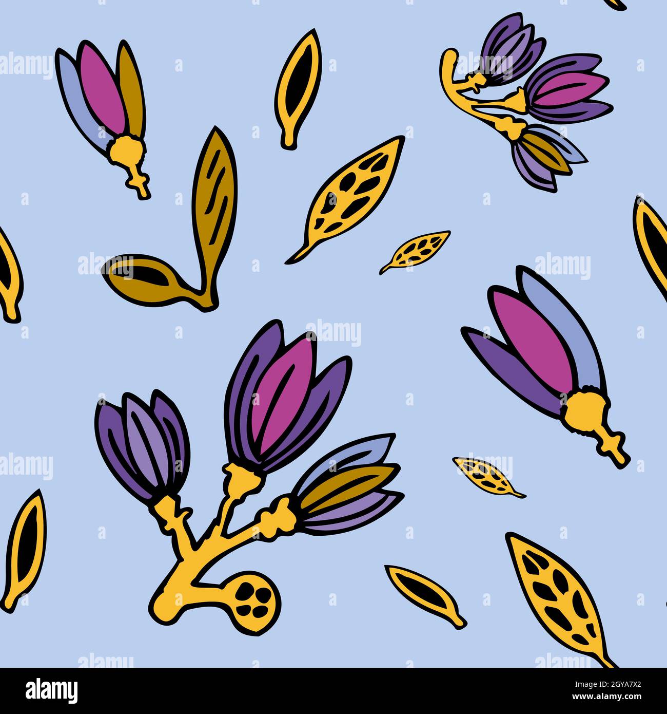 Blue seamless pattern with silhouette of a violet blooming flowers and yellow leaves. Stock Vector