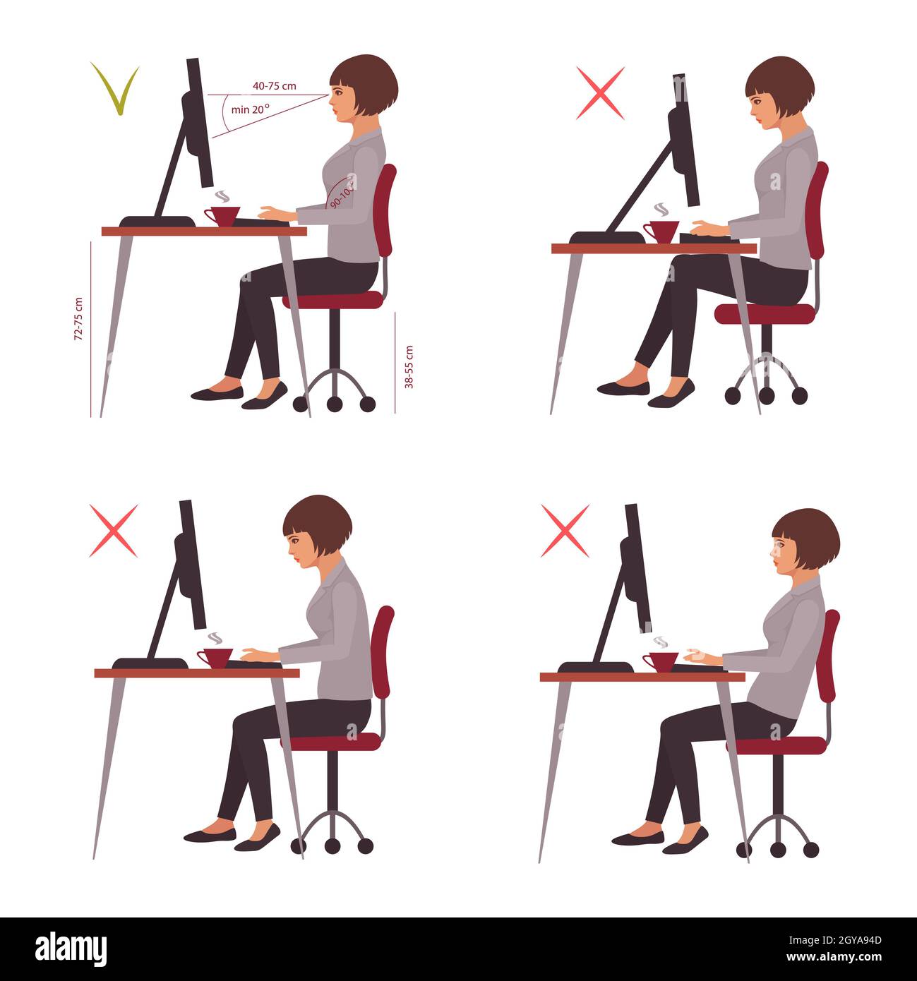 correct sitting position, office desk posture, vector illustration