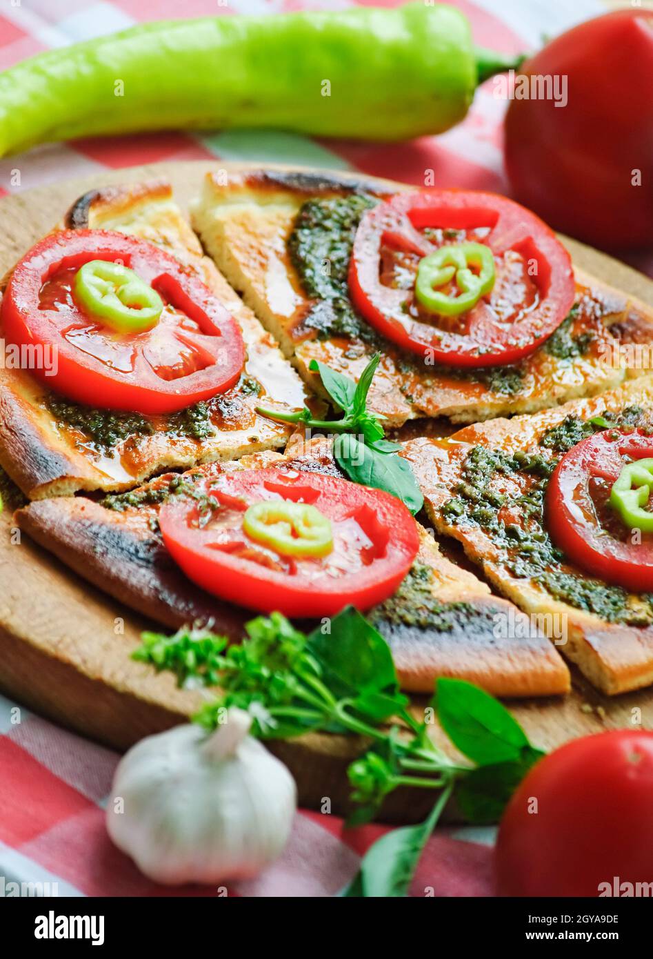 mediterranean cuisine tomato, basil, garlic and olive oil Stock Photo