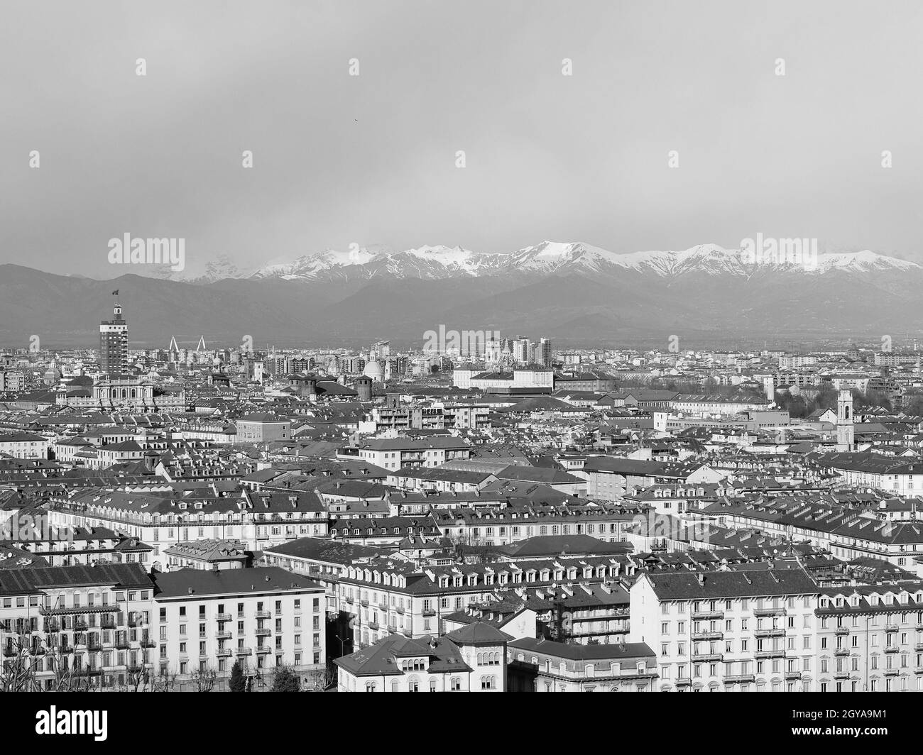 Aerial view of the city of Turin, Italy in black and white Stock Photo ...