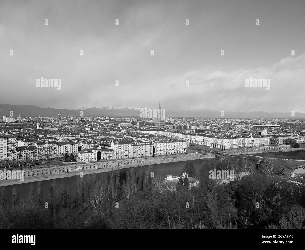 Aerial view of the city of Turin, Italy in black and white Stock Photo ...