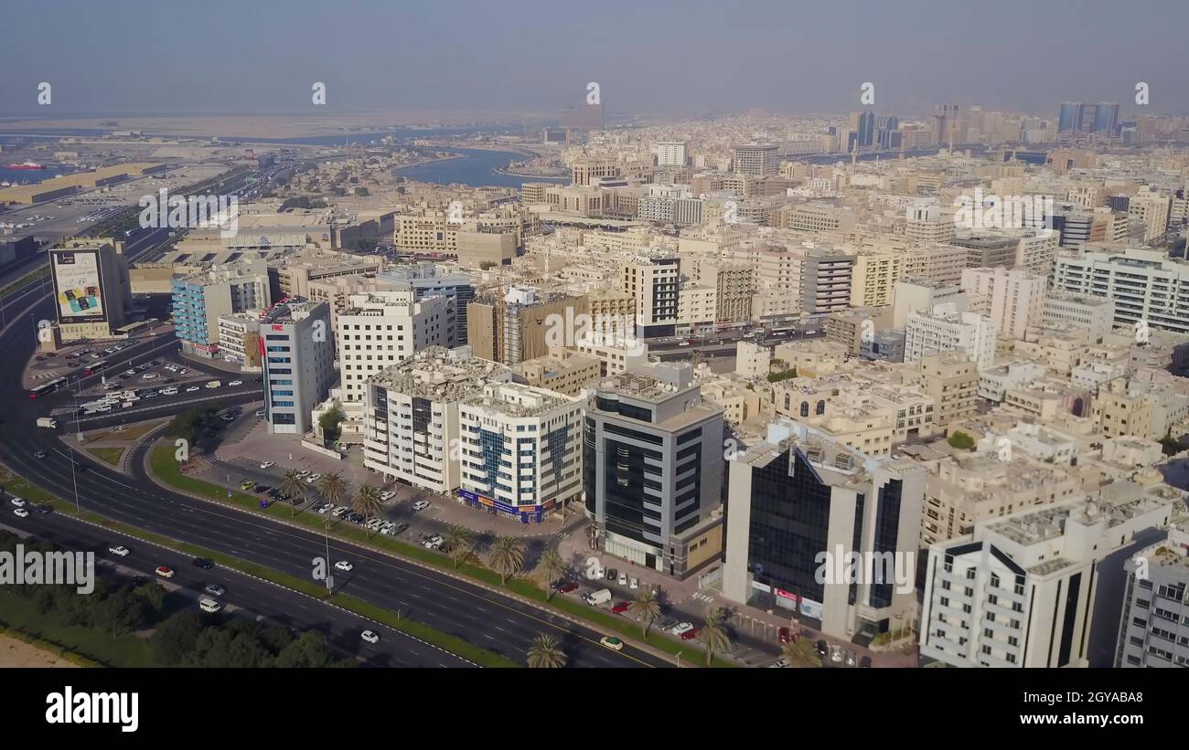 The Buildings In The Emirate Of Dubai. Aerial view. Dubai, United Arab Emirates. Aerial view of the business district of Dubai. Shooting in the summer Stock Photo