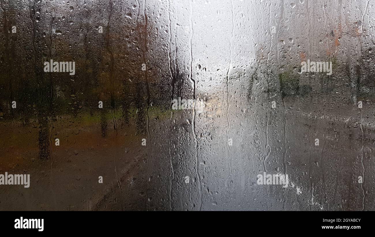 Rain on the rear window of a car in autumn. Inside view of the road with