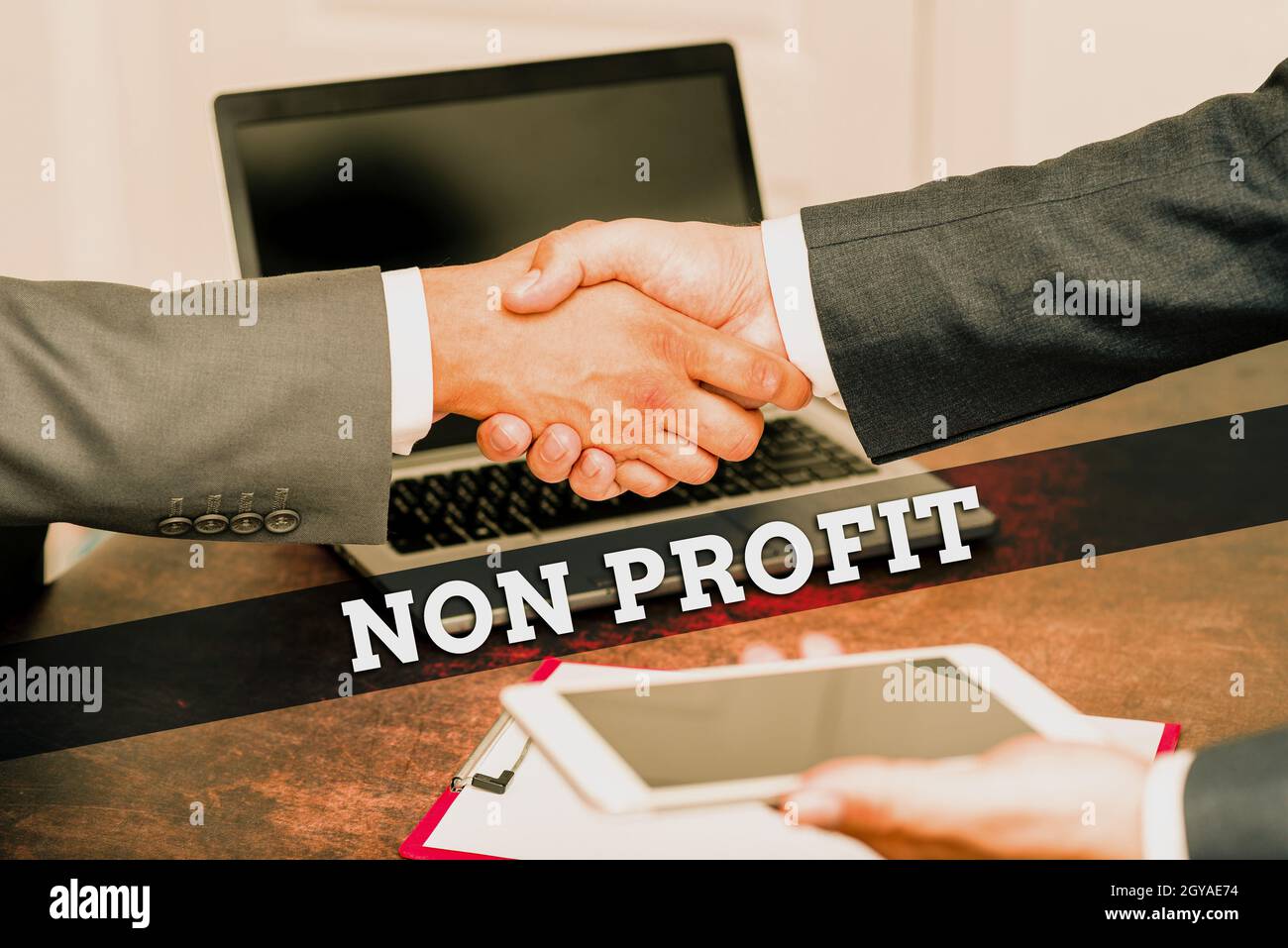 Sign displaying Non Profit, Business concept an activity not making or conducted primarily for a profit Two Professional Well-Dressed Corporate Busine Stock Photo