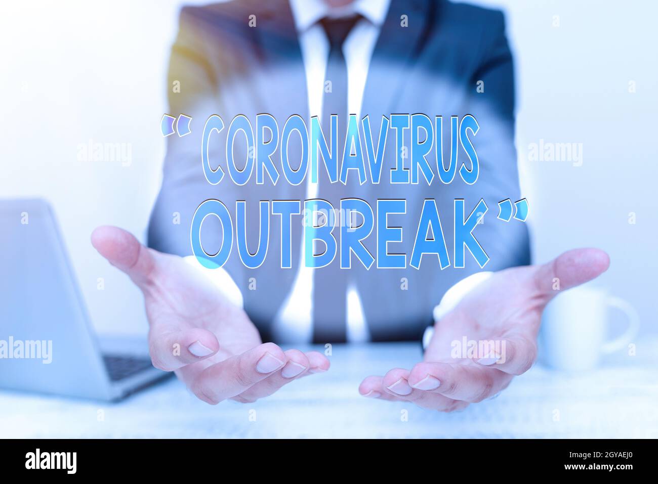 Handwriting text Coronavirus Outbreak, Internet Concept infectious disease caused by newly discovered COVID19 Remote Office Work Online Presenting Bus Stock Photo