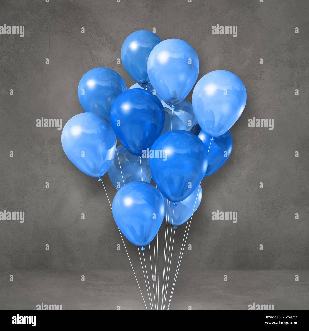 Blue balloons bunch on a grey wall background. 3D illustration render ...