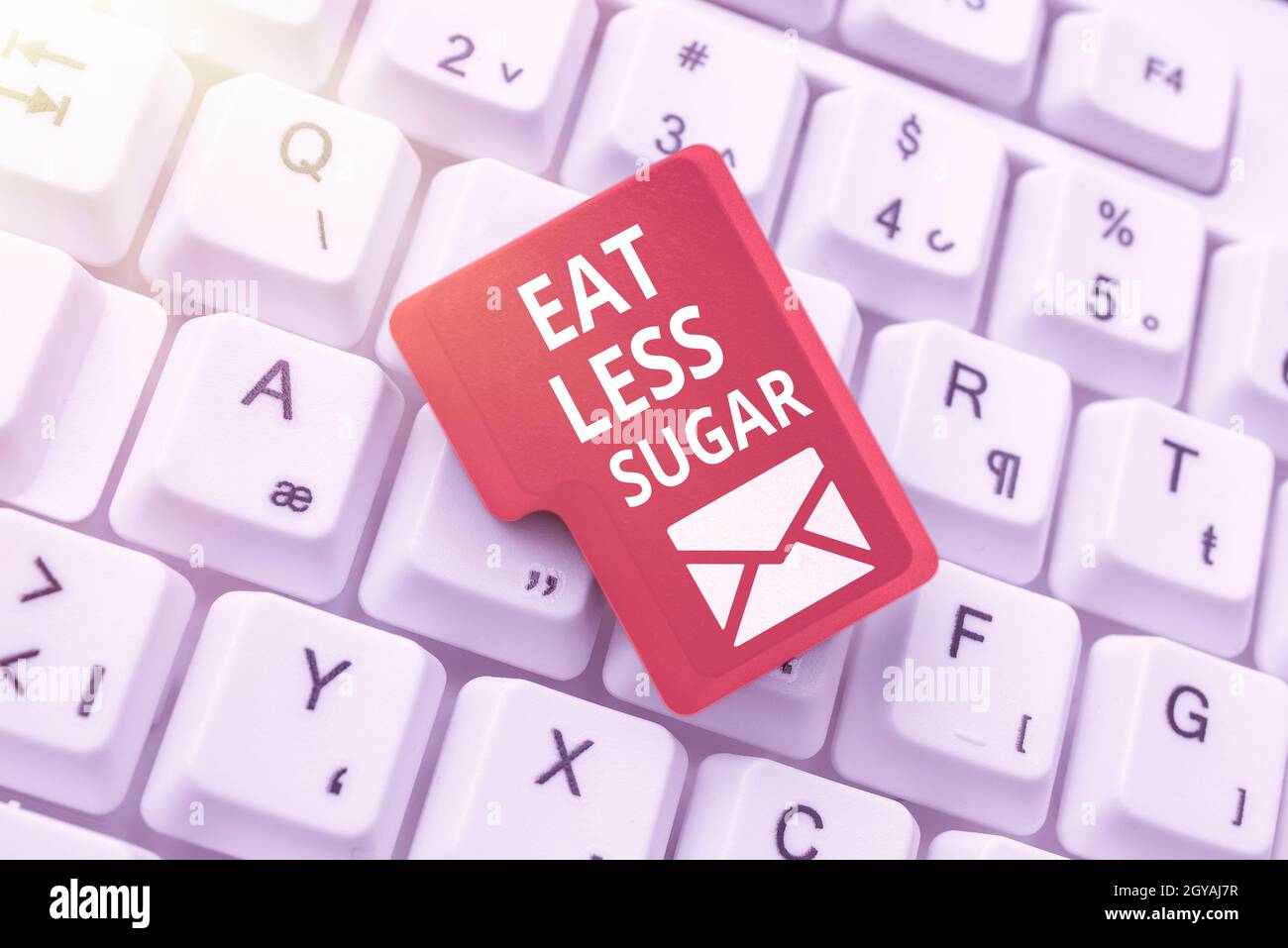 Conceptual caption Eat Less Sugar, Business approach reducing sugar intake and eating a healthful diet rich foods Connecting With Online Friends, Maki Stock Photo