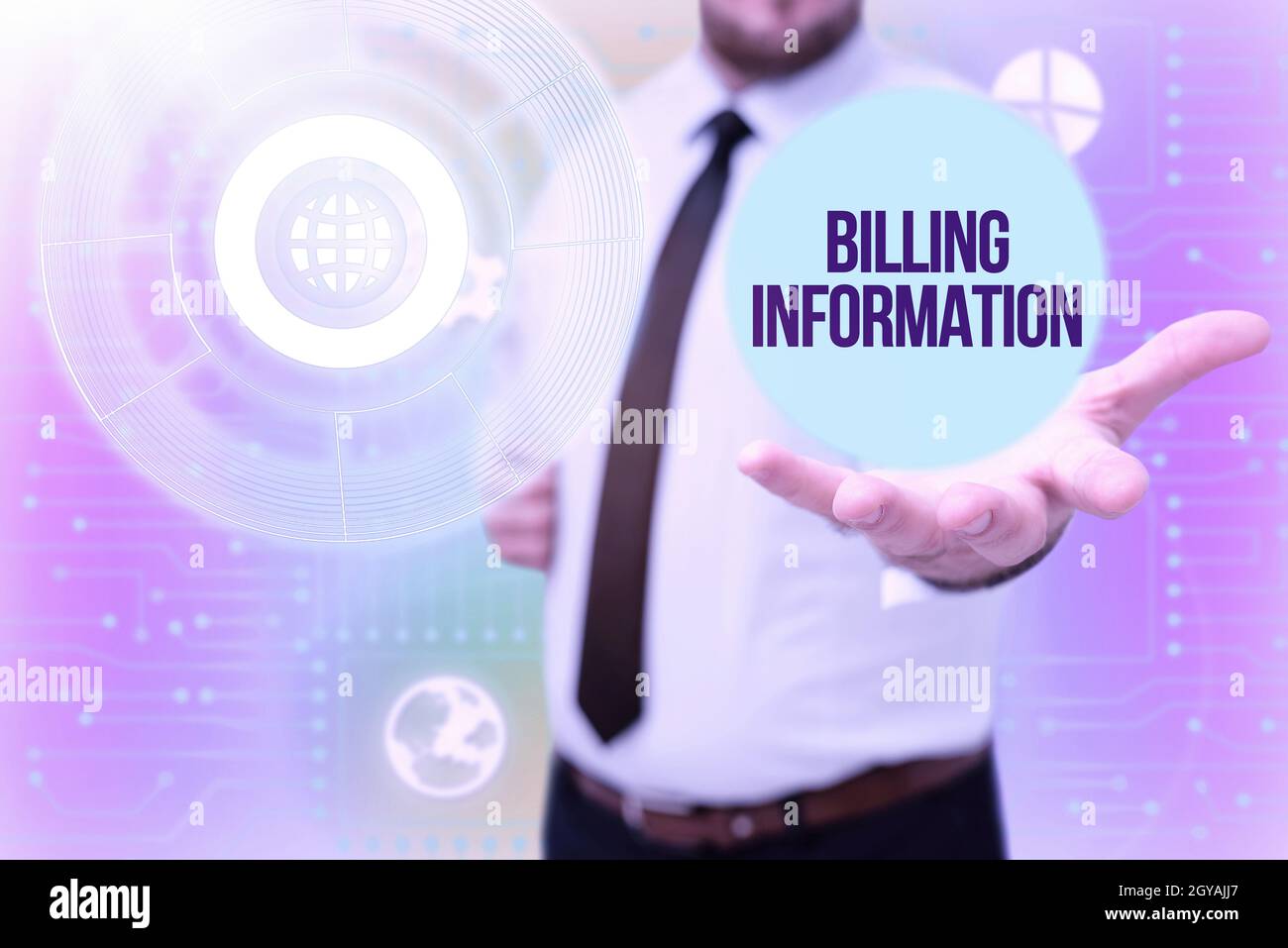Text caption presenting Billing Information, Business overview address connected to a specific form of payment Gentelman Uniform Standing Holding New Stock Photo