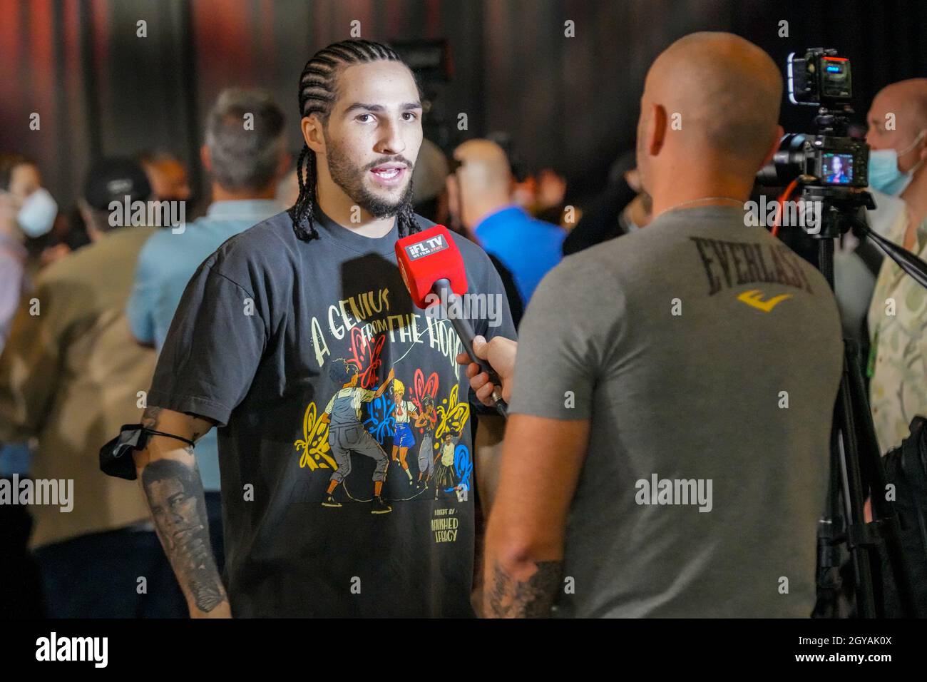 Las Vegas, Nv, United States. 06th Oct, 2021. LAS VEGAS, NV - OCTOBER 6: Nico Ali Walsh, the grandson of former heavyweight champion and boxing legend Muhammad Ali, was onsite for interviews and pictures during the official press conference for this weekend's bout at MGM Grand Garden Arena for Tyson Fury vs Deontay Wilder III | FINAL PRESS CONFERENCE on October 6, 2021 in Las Vegas, NV, United States. (Photo by Louis Grasse/PxImages) Credit: Px Images/Alamy Live News Stock Photo