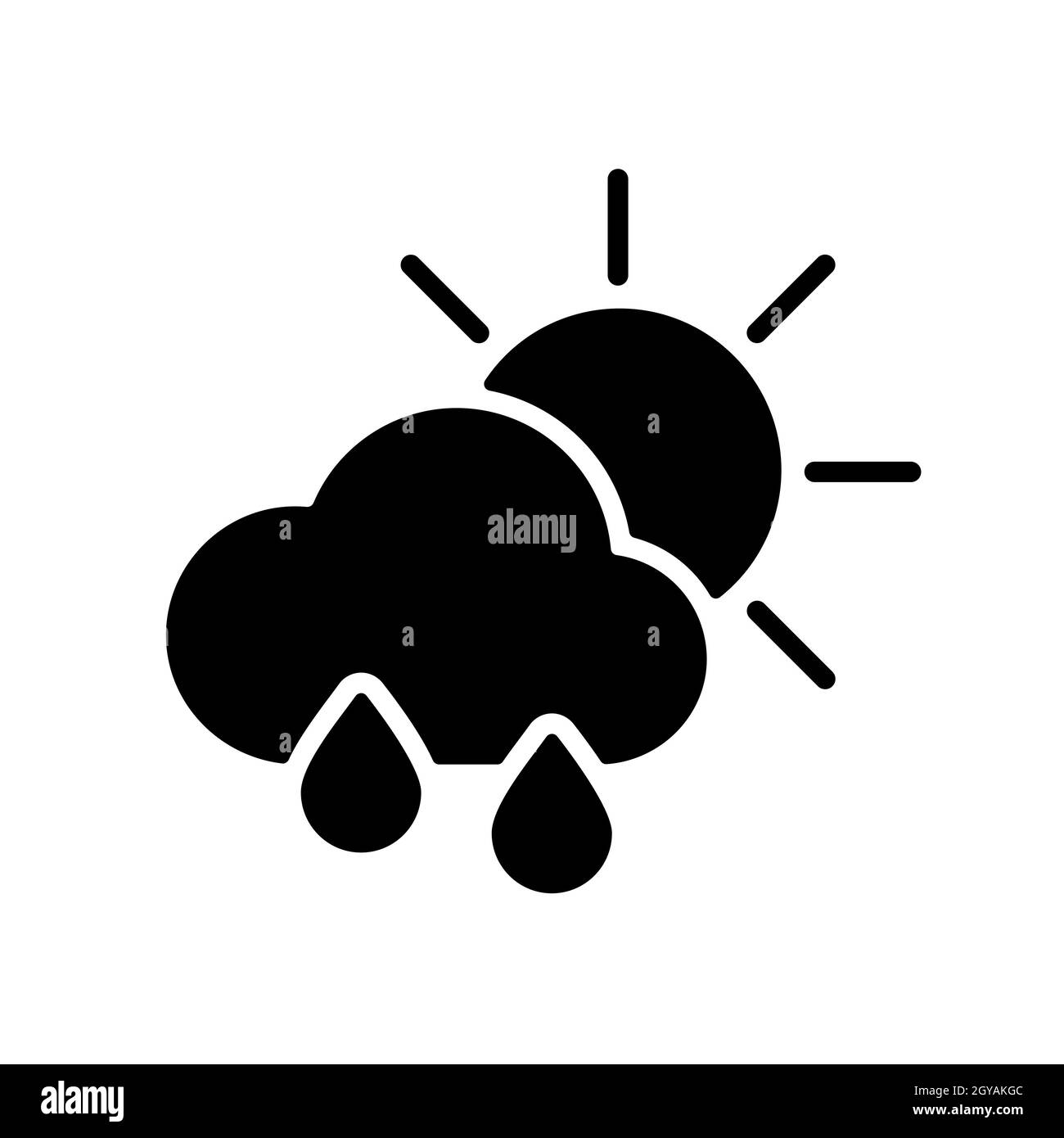 Sun with raincloud and raindrops vector glyph icon. Meteorology sign ...