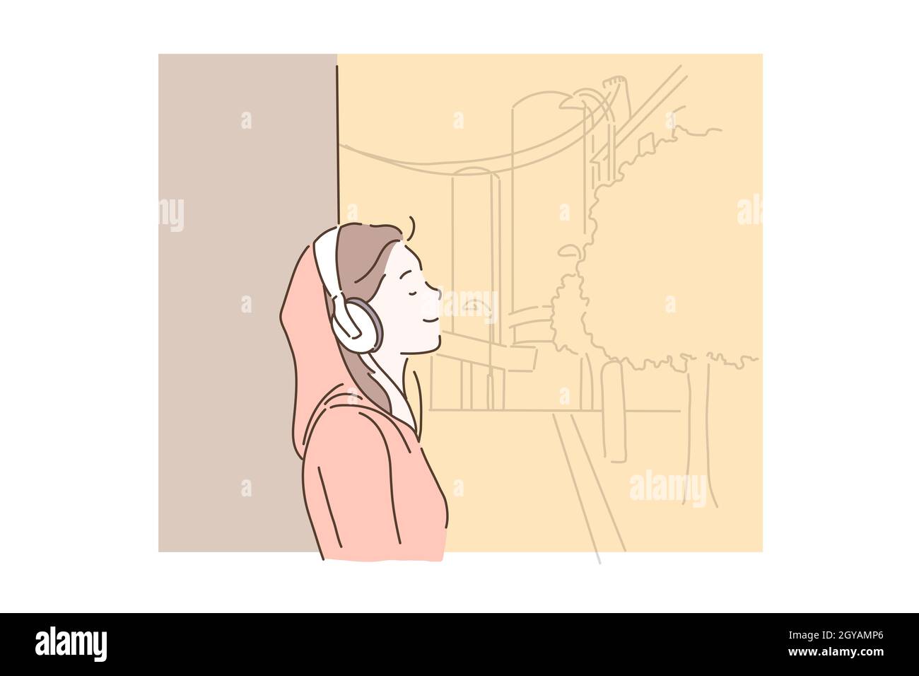 Love of music concept. Happy young woman listening to music on headphones. Girl musician listens to audio tracks or radio in her smartphone. Vector fl Stock Photo