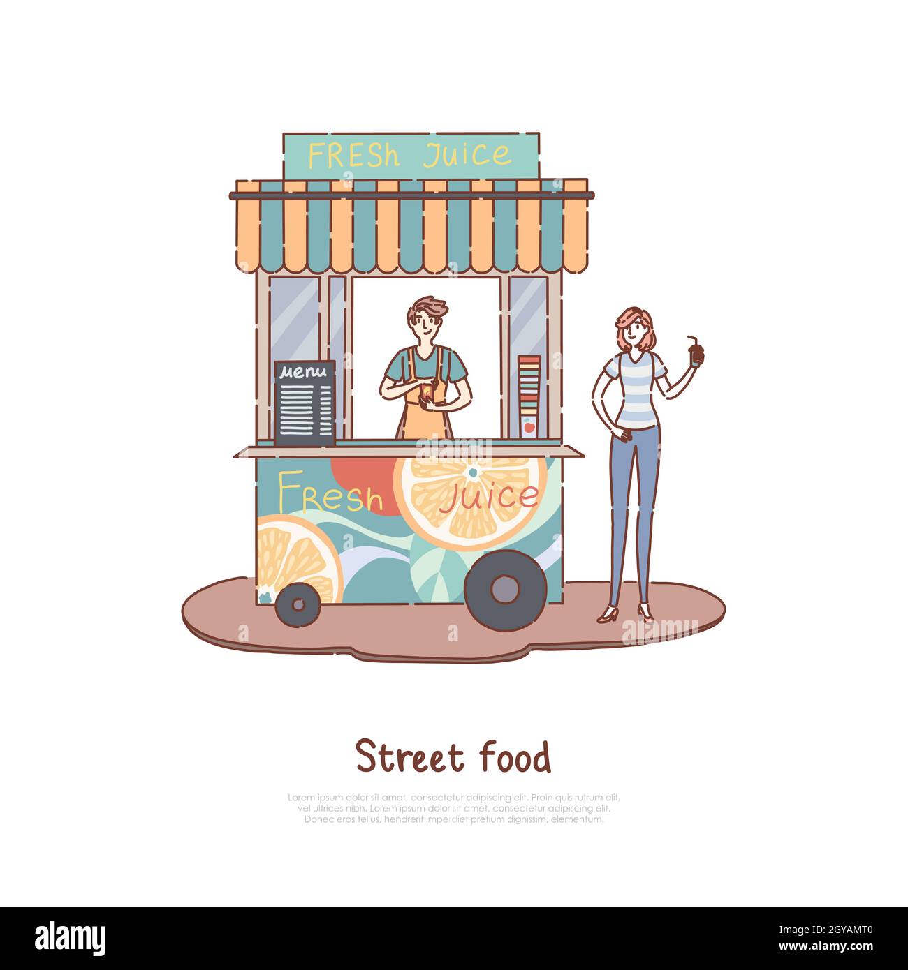 Man selling fresh juice, summer refreshment, vendor and happy customer