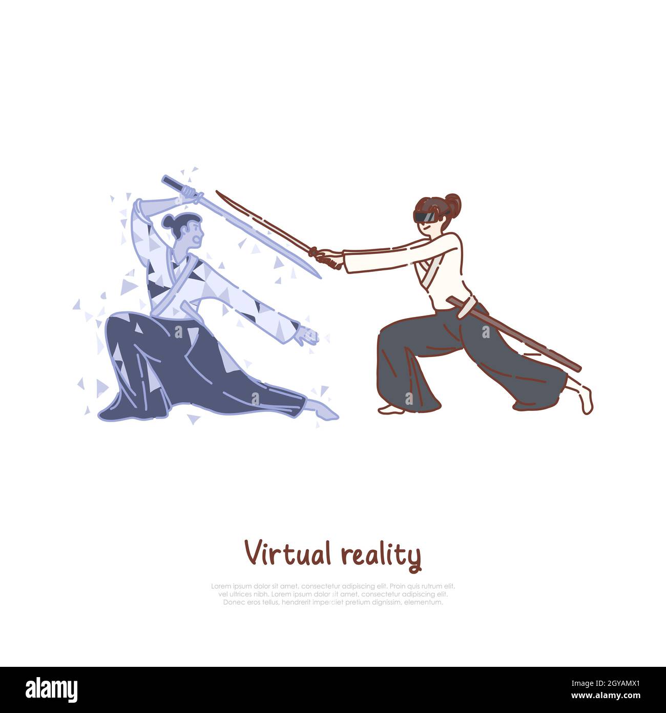 Entertainment technology, woman in headset, samurai hologram holding weapon, training program