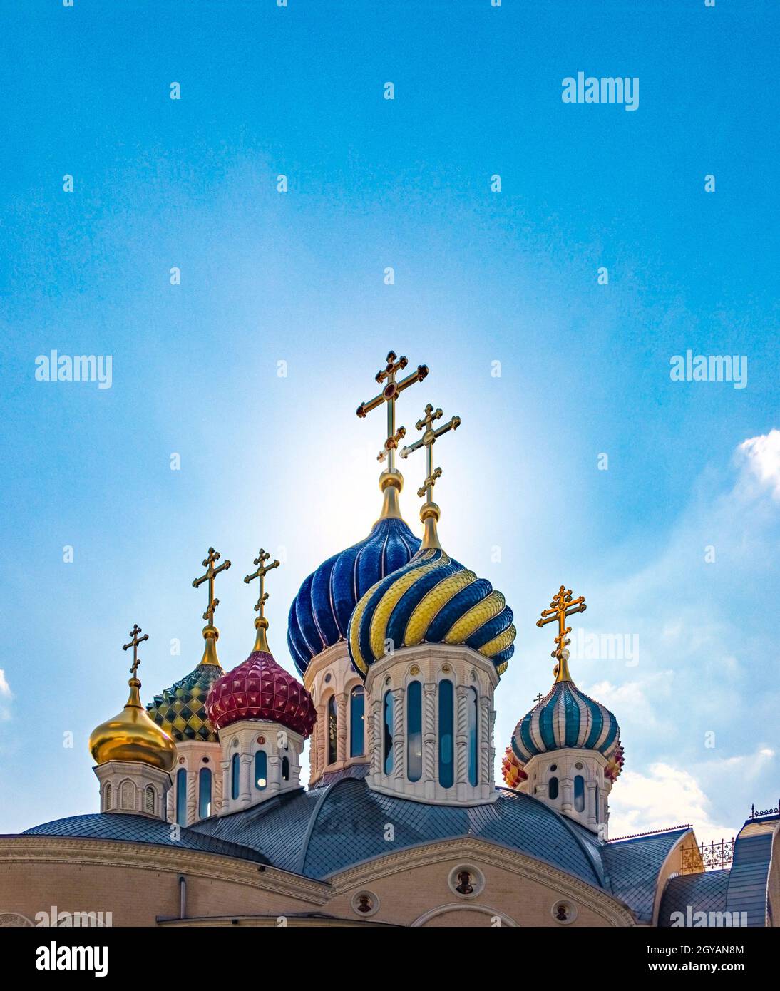 Domes of russian church with blue sky and clouds in background Stock ...