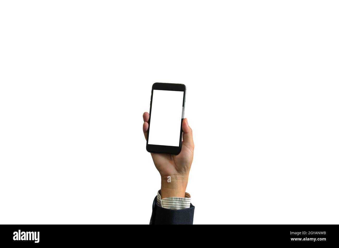 hand holding smart phone on white background Stock Photo - Alamy