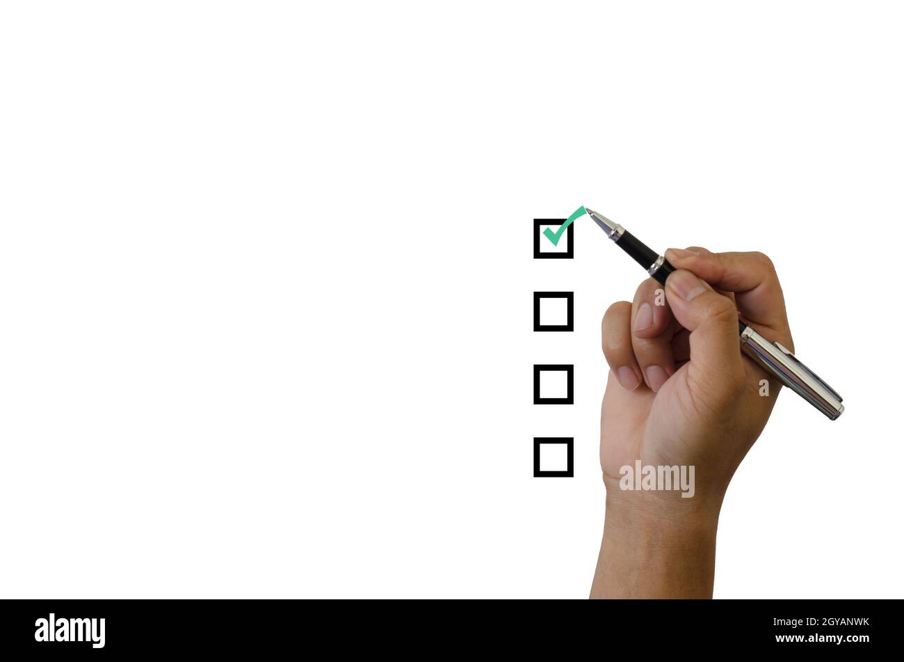 hand holding a green checkmark on a white background Stock Photo