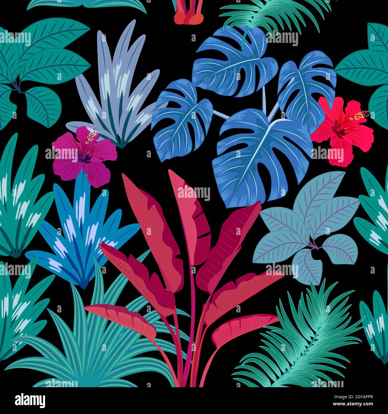 Vector tropical seamless pattern with color leaves of palm tree and ...