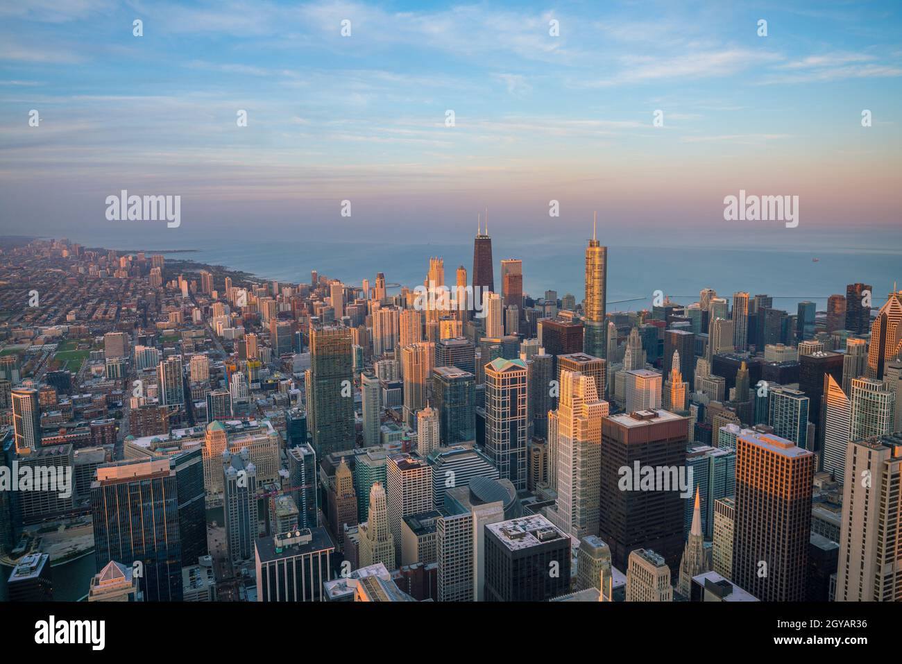 Aerial view of Chicago downtown at sunset from high above Stock Photo ...