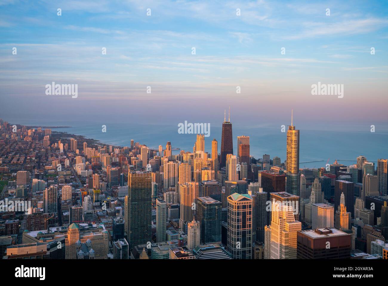 Aerial view of Chicago downtown at sunset from high above Stock Photo ...
