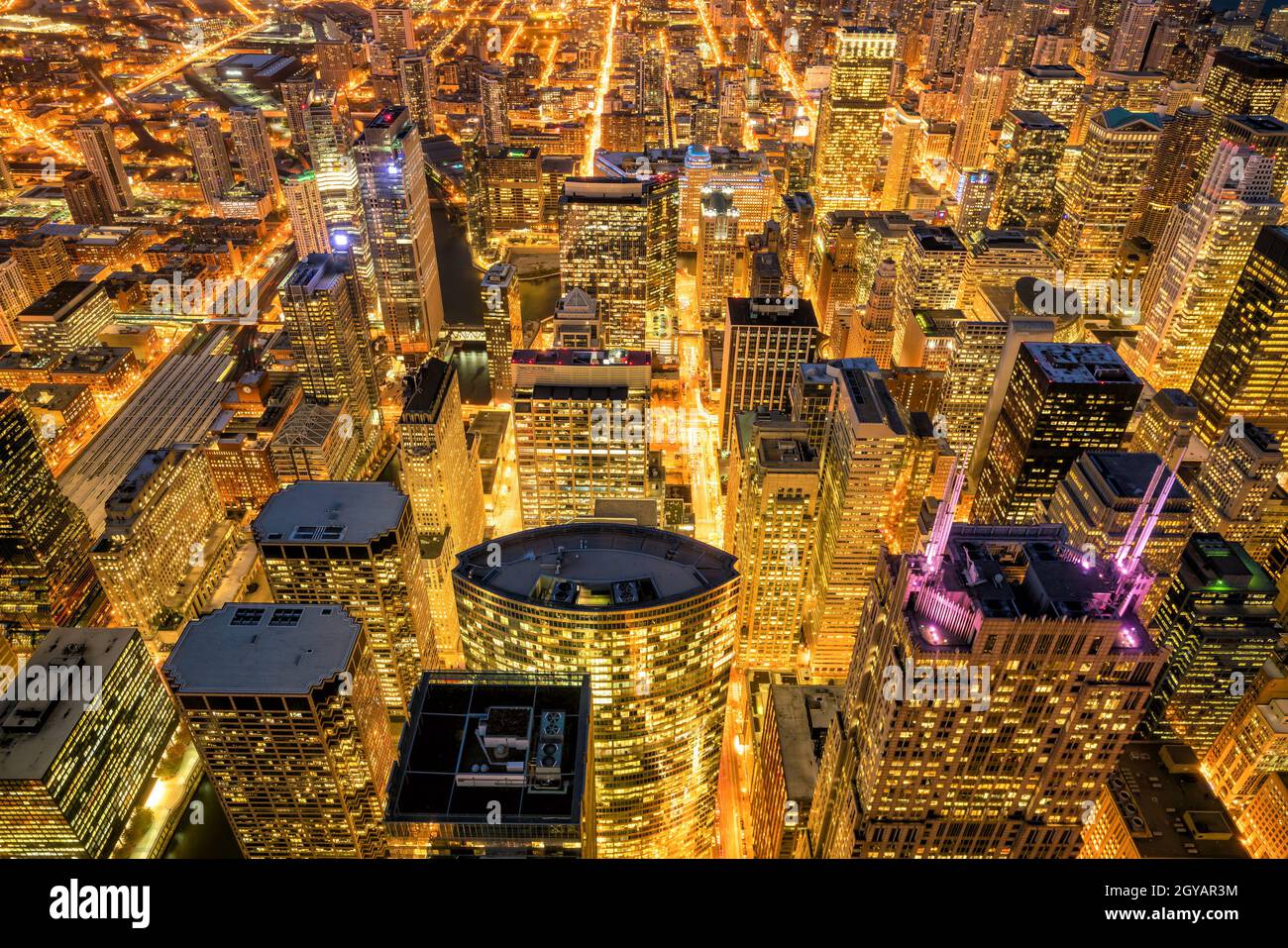 Aerial view of Chicago downtown at sunset from high above Stock Photo ...