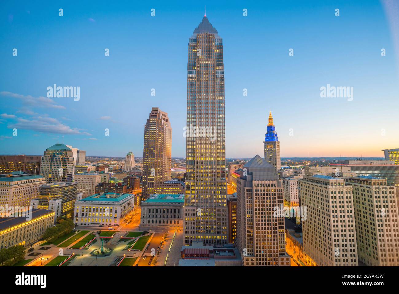 View of downtown Cleveland skyline in Ohio USA at twilight Stock Photo