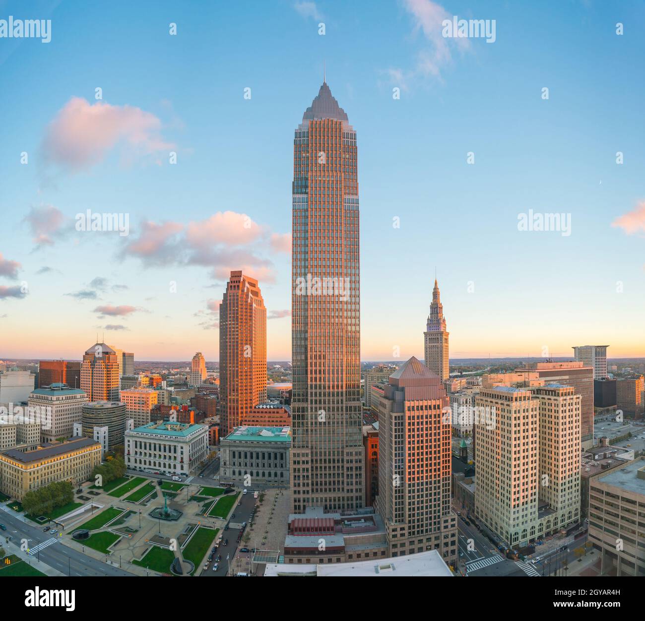 View of downtown Cleveland skyline in Ohio USA at twilight Stock Photo