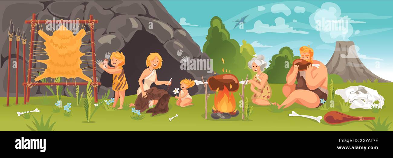 Prehistoric people at stone age concept. Ancient primeval young and adult cave people, doing daily routine together in prehistoric era. Life in stone Stock Photo