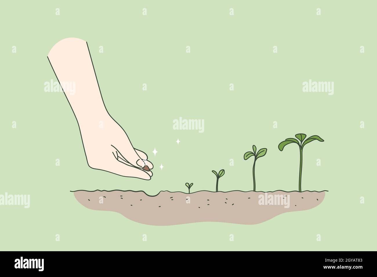 Agriculture, environment, new life concept. Human hand planting seed germination sequence starting new life beginning over green background vector ill Stock Photo