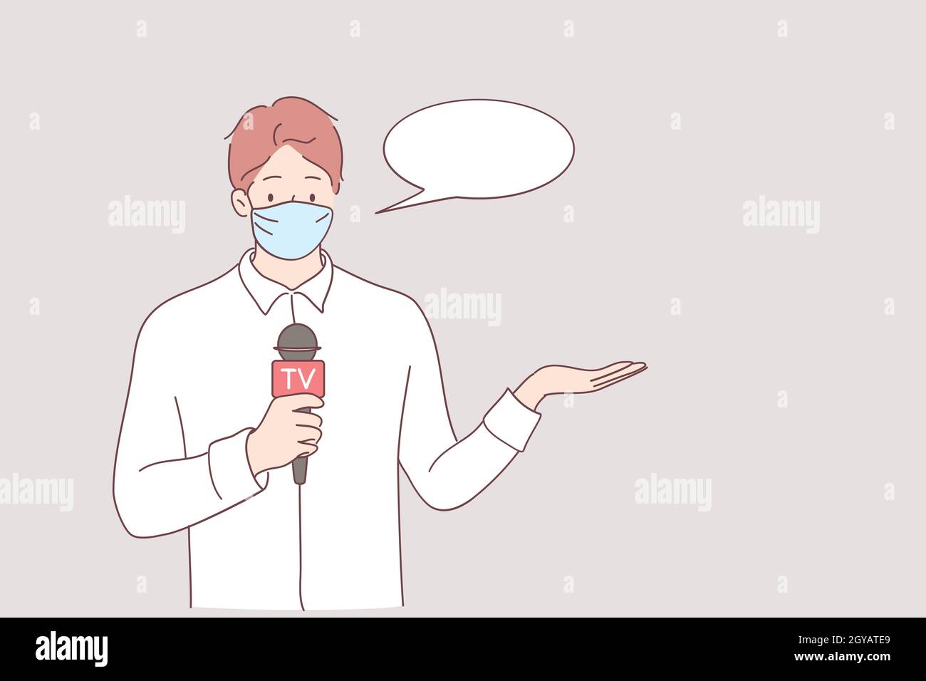 Working during pandemic of covid-19 concept. Portrait of young caucasian male journalist cartoon character in medical protective face mask talking wit Stock Photo