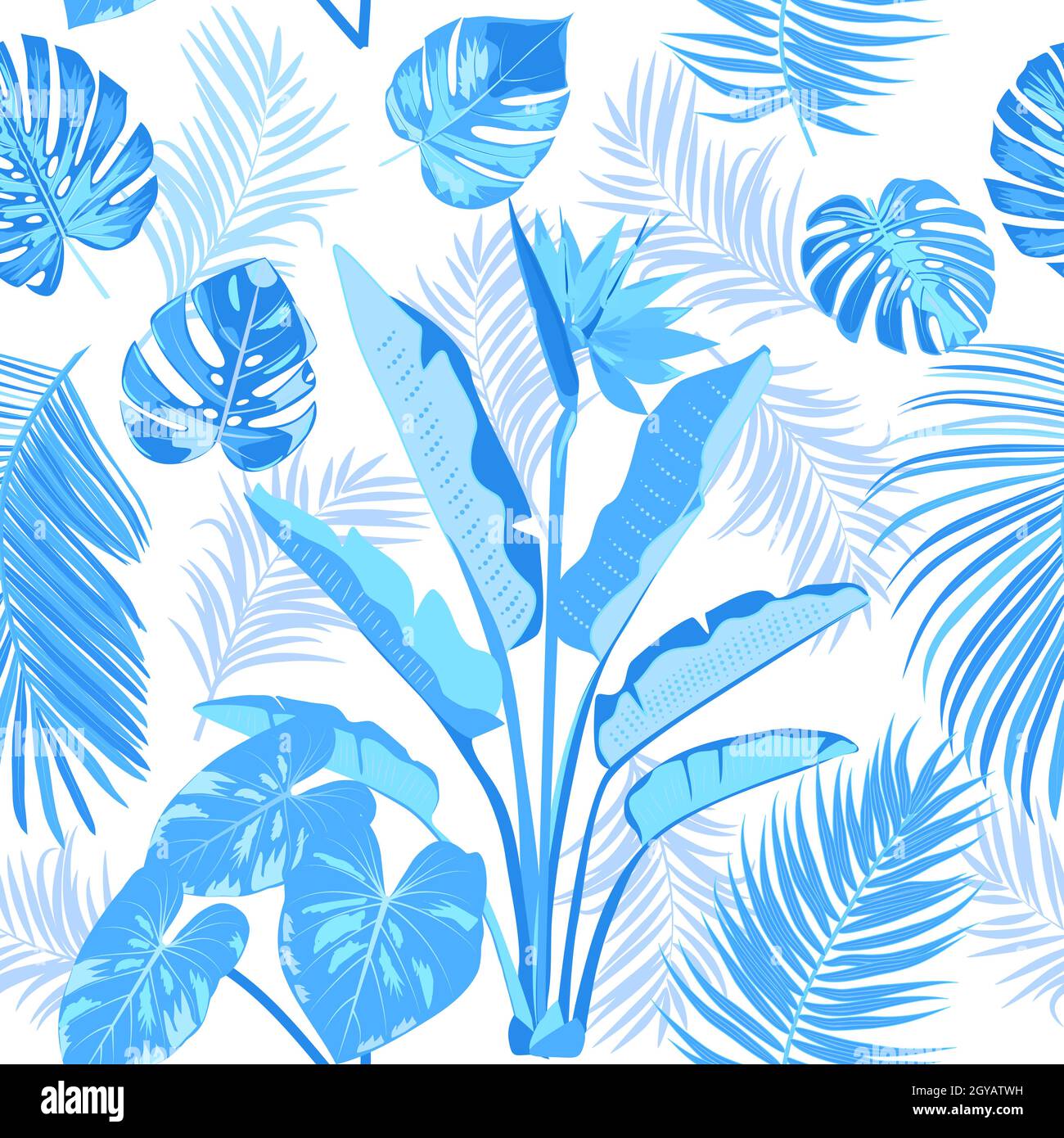 Vector tropical seamless pattern with blue leaves of palm tree and flowers.  Botany light background, jungle wallpaper Stock Vector Image & Art - Alamy