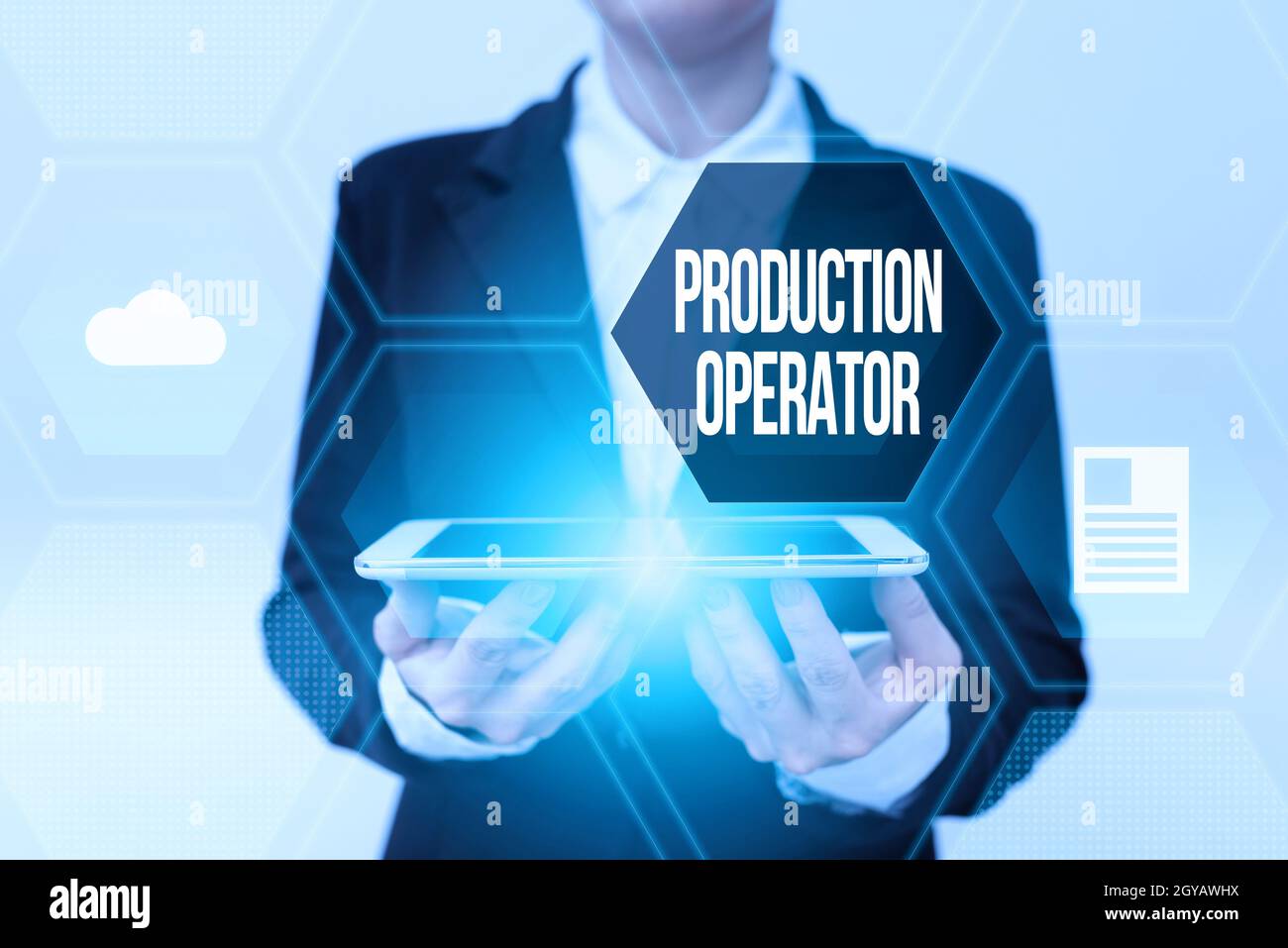 Writing displaying text Production Operator, Business showcase control equipment used in the manufacturing process Lady In Uniform Holding Phone And S Stock Photo