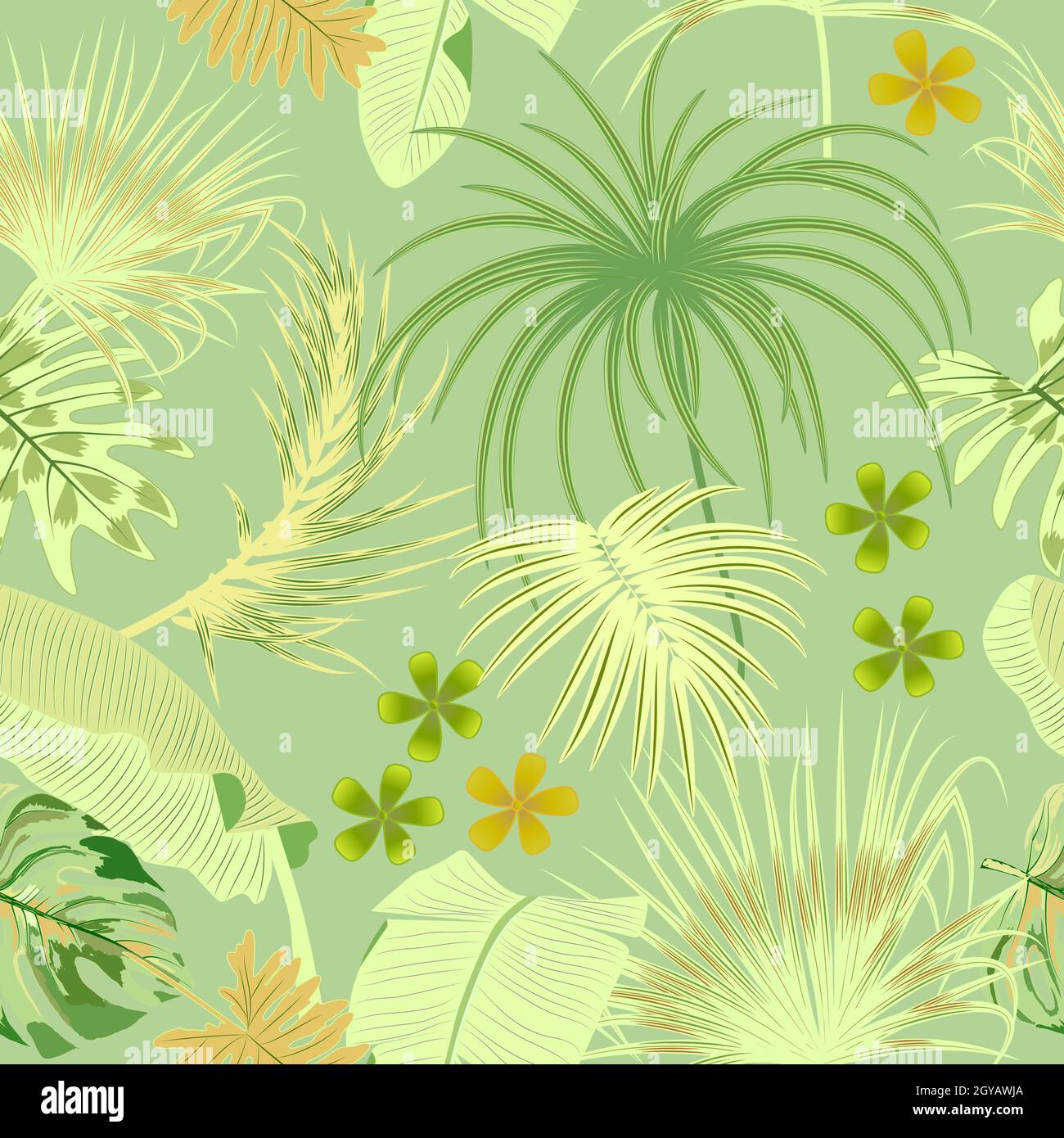 Green seamless vector pattern with tropical  palm leaves, monstera and flowers, jungle background Stock Vector