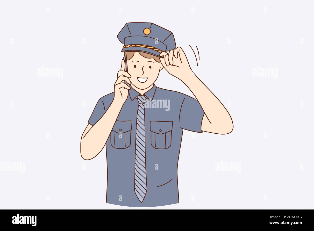 Policeman during work concept. Young handsome positive policeman wearing police uniform talking on smartphone outdoors vector illustration Stock Photo