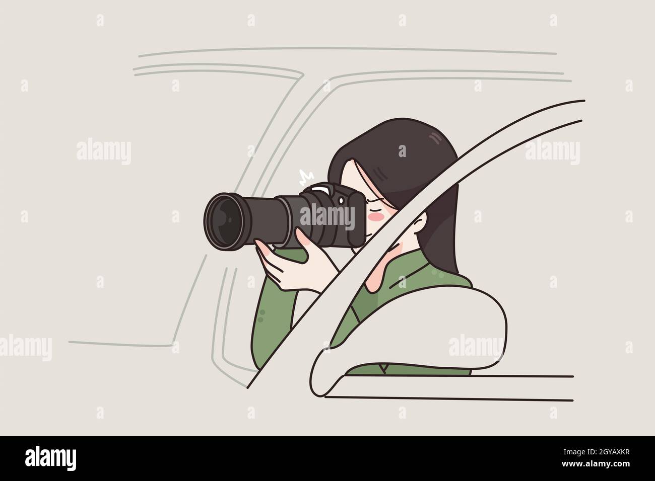 Working as detective of photographer concept. Young woman cartoon character working as Private detective sitting in car with camera spying near car ou Stock Photo
