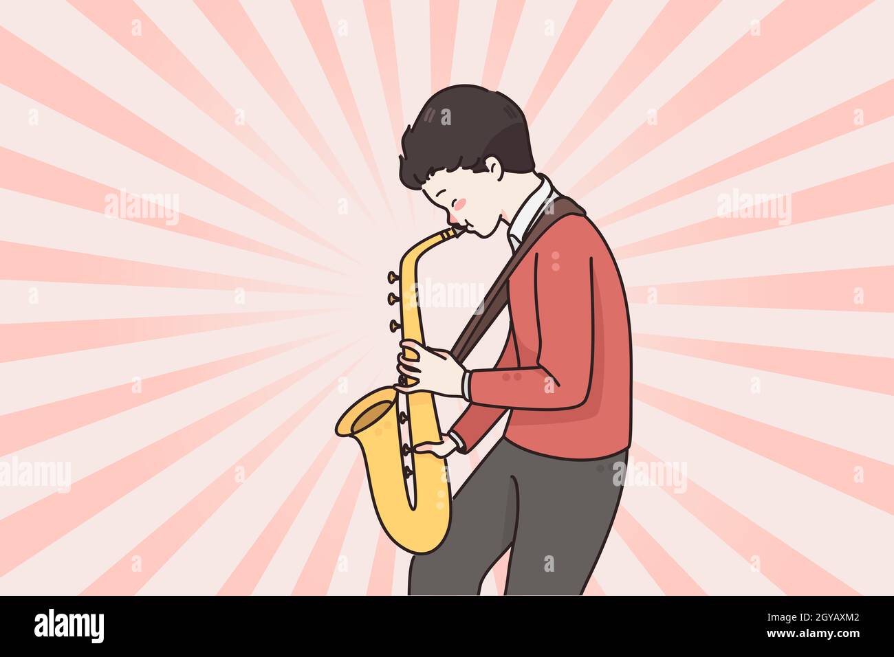 Musician and playing saxophone concept. Small positive man boy cartoon