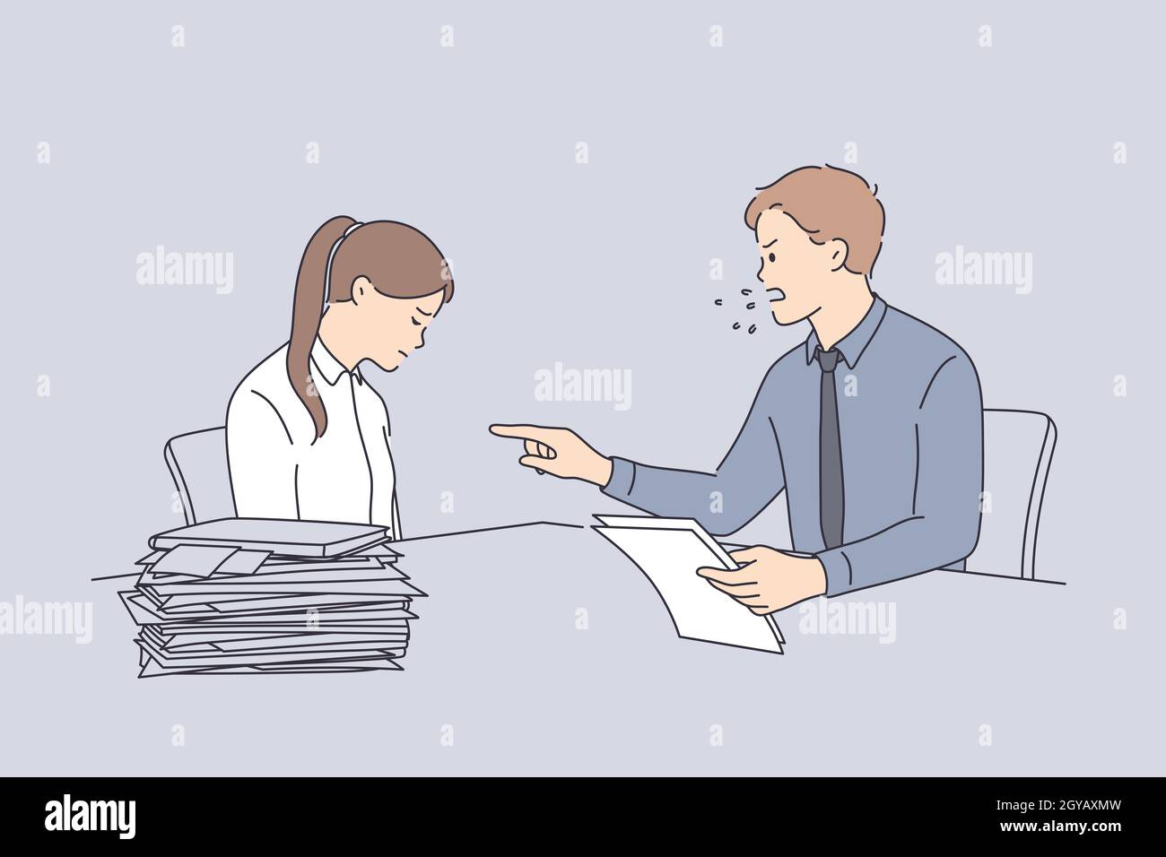 Conflict at work and angry boss concept. Furious director businessman sitting and swearing at sad unhappy worker girl with heap of documents on table Stock Photo