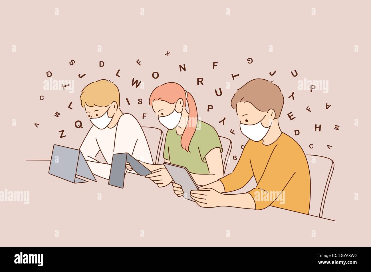 Online education during covid-19 concept. Group of students pupils in medical protective masks cartoon characters sitting with tablets learning alphab Stock Photo