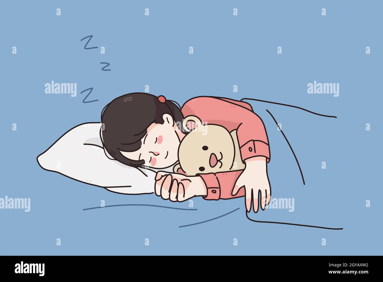 Comfortable rest sleep during night concept. Little girl cartoon character  child sleeping with eyes closed on bed with her teddy bear toy hugging it f  Stock Photo - Alamy