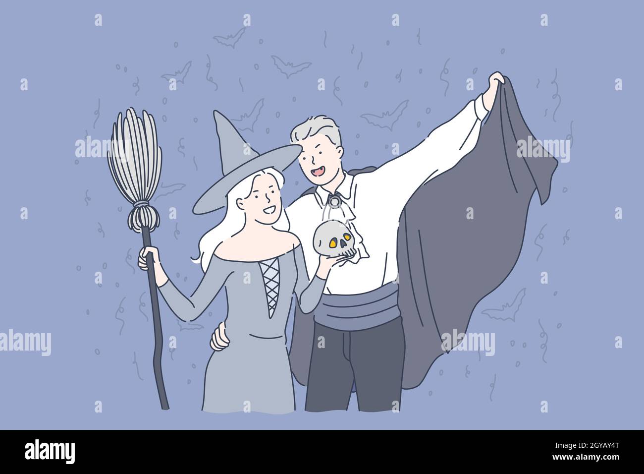 Halloween party concept. A young guy and a girl dressed as a witch and a vampire, holding a broom and a cloak. Simple flat vector. Stock Photo