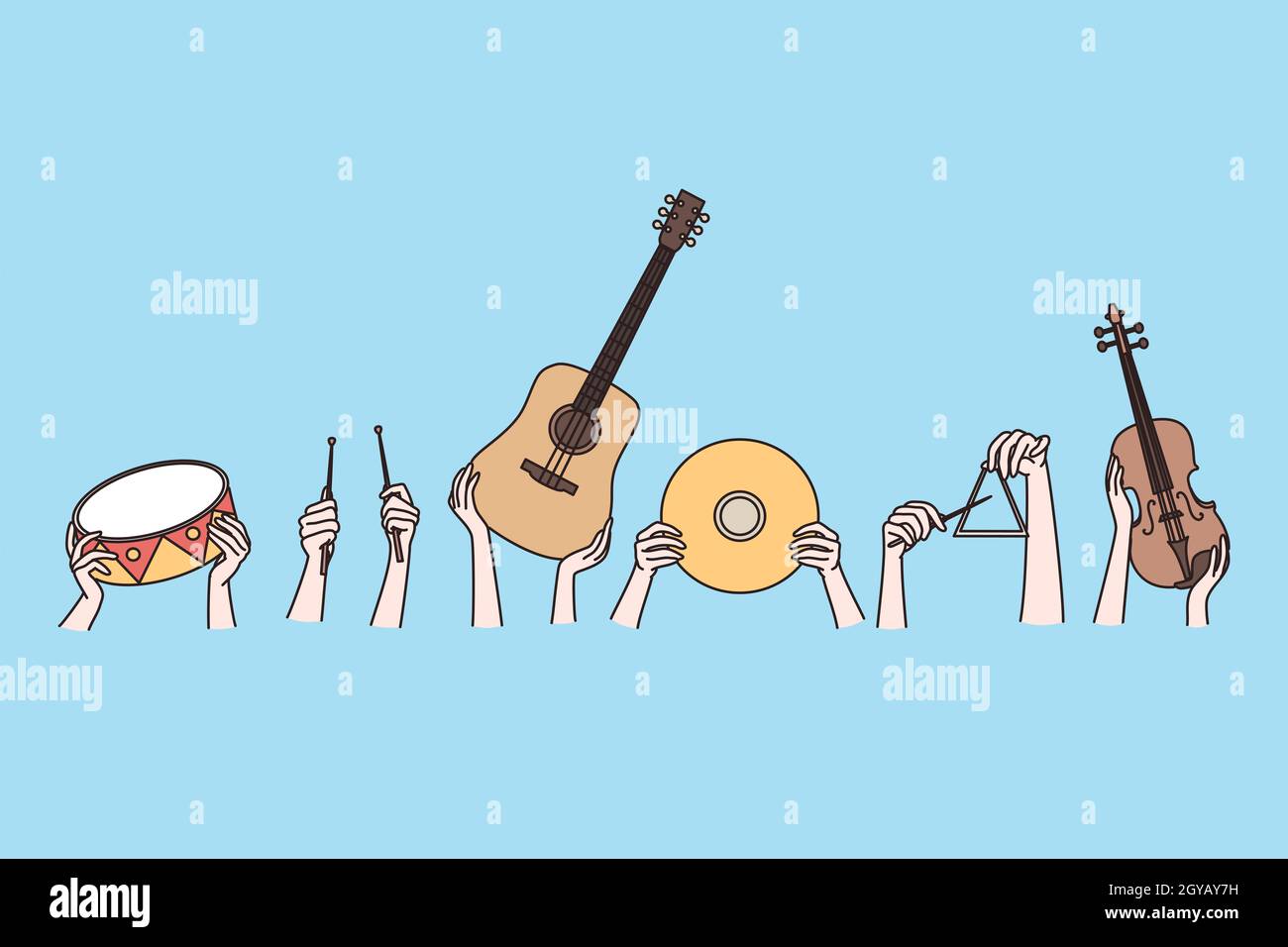 Musical instruments and creative arts concept. Human hands holding musical instruments guitar violin drums teangle over blue background vector illustr Stock Photo